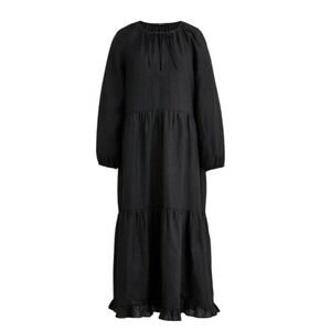 J.Crew Black Linen Tiered Maxi Dress Long Sleeve Tie Neck XS/S